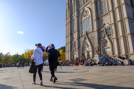 Seoul, South Korea - 29 October, 2017 : Students are walking at  Grand Peace Hall at Kyung Hee...
