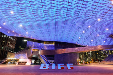 Busan, South Korea - 1 April, 2019:Night shot of Busan Cinema Center is the official venue of the...