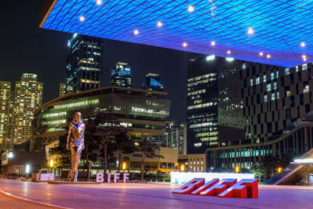 Busan, South Korea - 1 April, 2019:Night shot of Busan Cinema Center is the official venue of the Busan International Film Festival (BIFF) , which is a major world film festival.のeditorial素材