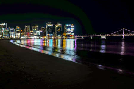 Busan, South Korea - Mar 31, 2019 : Scenery of Gwangalli beach in night time with full of light at Busan city, South koreaのeditorial素材