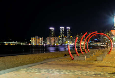 Busan, South Korea - Mar 31, 2019 : Scenery of Gwangalli beach in night time with full of light at Busan city, South koreaのeditorial素材