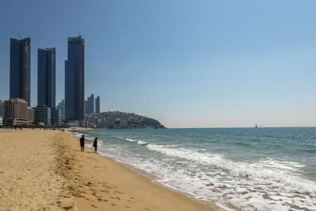 Busan, South Korea April 4, 2019: People relaxing and having fun on Haeundae Beach.One of the famous beautiful attractions in Busanのeditorial素材
