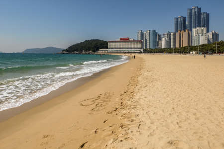 Busan, South Korea April 4, 2019: People relaxing and having fun on Haeundae Beach.One of the famous beautiful attractions in Busanのeditorial素材