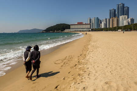 Busan, South Korea April 4, 2019: People relaxing and having fun on Haeundae Beach.One of the famous beautiful attractions in Busanのeditorial素材