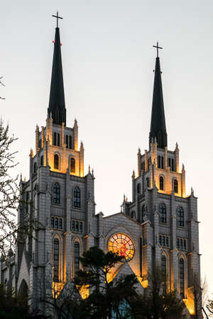 Daegu, South Korea - April 4, 2019 : Daegu Jeil Presbyterian Church in Daegu city, South Korea. taken in eveningのeditorial素材