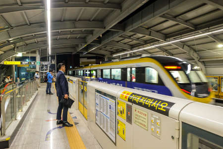 Daegu, South Korea - April 4, 2019: Daegu monorail train is Daegu Subway Line 3. It is the first public transportation monorail in Korea.のeditorial素材