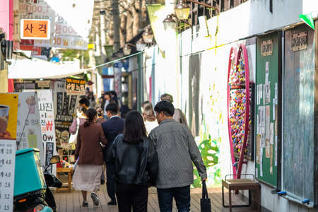 Daegu, South Korea - April 5 2019 : Tourist visit at Kim Kwang Seok Memorial Street. It is a street to commemorate the singer Kim Kwang Seok.のeditorial素材