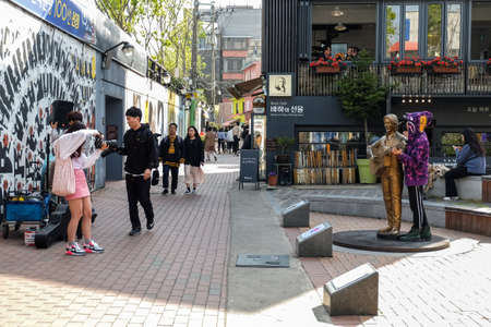 Daegu, South Korea - April 5 2019 : Tourist visit at Kim Kwang Seok Memorial Street. It is a street to commemorate the singer Kim Kwang Seok.のeditorial素材