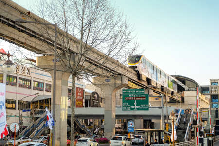 Daegu, South Korea - April 4, 2019: Daegu monorail train is Daegu Subway Line 3. It is the first public transportation monorail in Korea.のeditorial素材