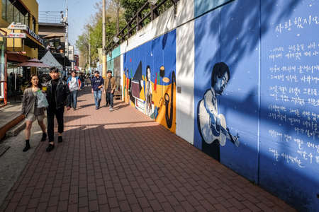Daegu, South Korea - April 5 2019 : Tourist visit at Kim Kwang Seok Memorial Street. It is a street to commemorate the singer Kim Kwang Seok.のeditorial素材