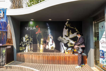 Daegu, South Korea - April 5 2019 : Tourist visit at Kim Kwang Seok Memorial Street. It is a street to commemorate the singer Kim Kwang Seok.のeditorial素材