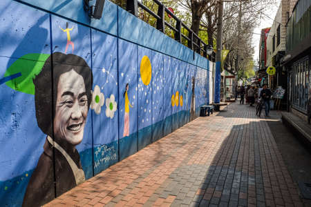 Daegu, South Korea - April 5 2019 : Tourist visit at Kim Kwang Seok Memorial Street. It is a street to commemorate the singer Kim Kwang Seok.のeditorial素材