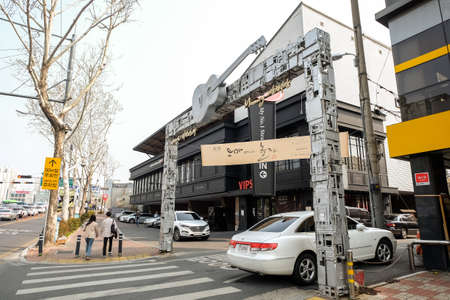 Daegu, South Korea - April 5 2019 : Tourist visit at Kim Kwang Seok Memorial Street. It is a street to commemorate the singer Kim Kwang Seok.のeditorial素材