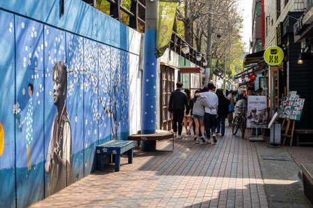 Daegu, South Korea - April 5 2019 : Tourist visit at Kim Kwang Seok Memorial Street. It is a street to commemorate the singer Kim Kwang Seok.のeditorial素材