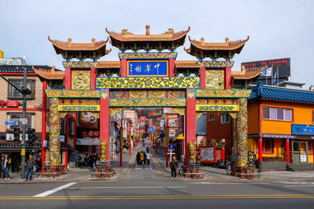Chinatown, Incheon, South Korea - April 11 2019: The Chinese-style Gateway or Paifang at Incheon's Chinatown, the largest Chinatown in South Korea.のeditorial素材
