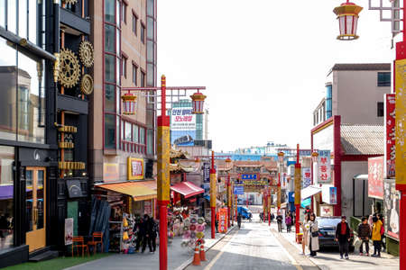 Chinatown, Incheon, South Korea - April 11, 2019: Incheon's Chinatown, the largest Chinatown in South Korea, a Well-known Tourist Attraction with Chinese Shops and Restaurants.のeditorial素材