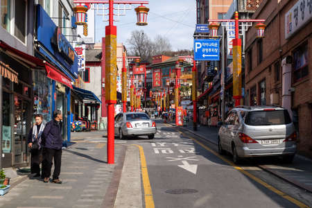 Chinatown, Incheon, South Korea - April 11, 2019: Incheon's Chinatown, the largest Chinatown in South Korea, a Well-known Tourist Attraction with Chinese Shops and Restaurants.のeditorial素材