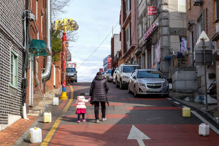 Chinatown, Incheon, South Korea - April 11, 2019: Incheon's Chinatown, the largest Chinatown in South Korea, a Well-known Tourist Attraction with Chinese Shops and Restaurants.のeditorial素材
