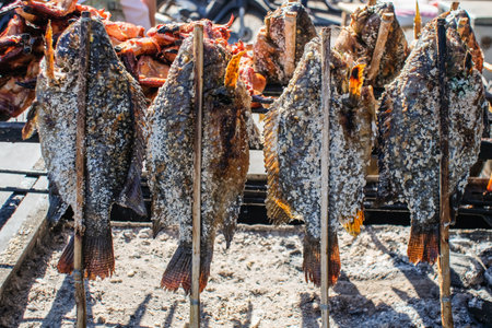 Salt Crusted Grilled Fish ,local food in street market.の写真素材