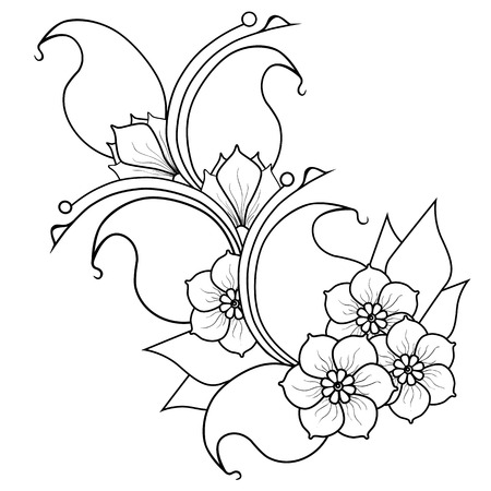 Branch with flowers, doodling flower, black and white.のイラスト素材