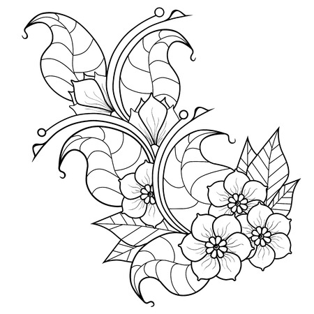 Image branch with flowers, doodling flower, black and white.のイラスト素材