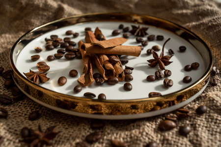 Spices cinnamon and anise on a golden plate, with coffee beans, a background of burlap. Rough texture and composition of spices. With dried flowers. It is used in confectionery, baの写真素材