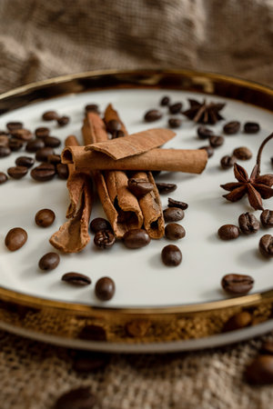 Spices cinnamon and anise on a golden plate, with coffee beans, a background of burlap. Rough texture and composition of spices. With dried flowers. It is used in confectionery, baの写真素材