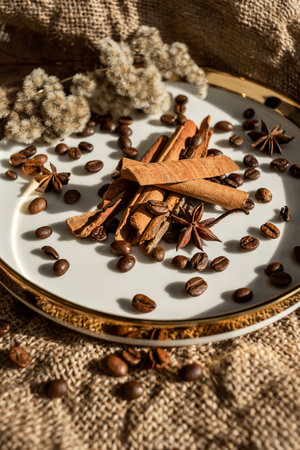 Spices cinnamon and anise on a golden plate, with coffee beans, a background of burlap. Rough...
