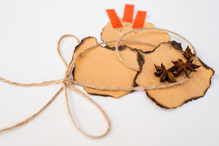 Rope bow, with vintage paper and anise on a white background, the basis for congratulationsの写真素材