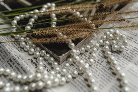 A string of pearls, a magazine and dried flowers lie on a newspaper, a photo in an elegant retro style.の写真素材