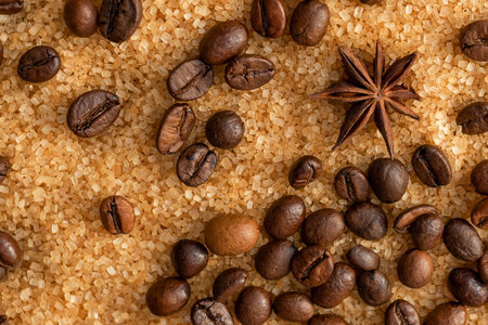 Coffee beans on brown sugar cane, background picture in brown tonesの写真素材