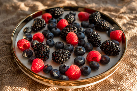 Raspberries and blackberries on a platter with a golden border. Healthy food on a plate.の写真素材