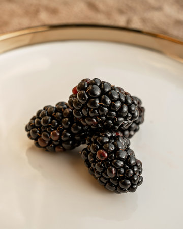 Blackberry berries and the reflection of light in a dish with a golden border. Light pattern on the plateの写真素材