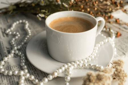 A white cup of coffee on a saucer, with a string of pearls, dried flowers, a magazine and a...