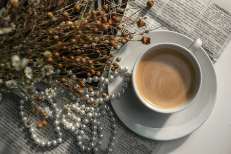 A white cup of coffee on a saucer, with a string of pearls, dried flowers, a magazine and a...