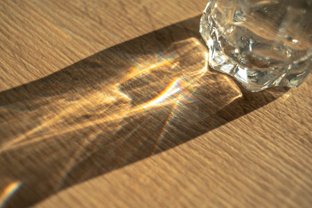 A glass of water creates a rainbow. Blur texture table with rainbow refraction. Light and shadow...