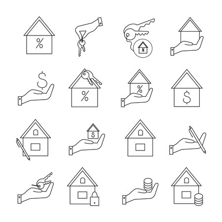 Real estate icons set. Purchase and sale of housing, rental of premises, mortgage, mortgage loan, linear icons. Line with editable strokeのイラスト素材