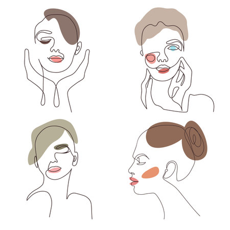 Abstract poster with minimal woman face.One line drawing style. Seamless pattern with female faces and cosmetics. one line pattern. beauty and fashion vector illustrationのイラスト素材