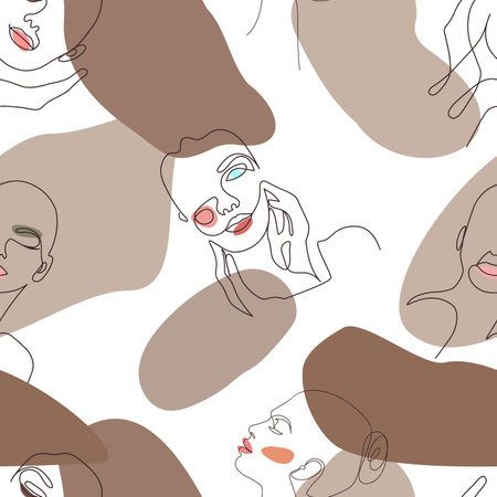 Seamless pattern with female faces and cosmetics. one line pattern. beauty and fashion vector illustrationのイラスト素材