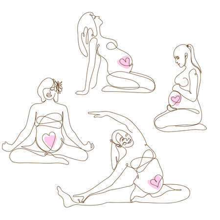 Pregnant woman makes yoga and meditation. Concept pregnancy, motherhood, health care. illustration in flat style. one line drawingのイラスト素材