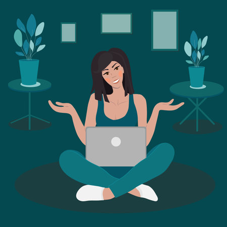Female freelancer sitting with laptop semi flat color vector character. Editable figure. Full body person on white. Remote work, training. vector illustrationのイラスト素材