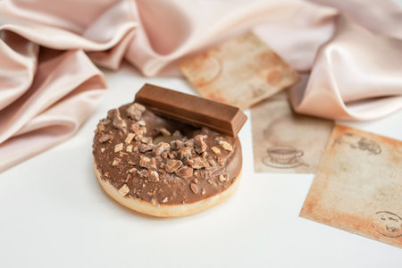 Fresh sweet chocolate Donut with splashes, on a white background, with a silk cloth, delicate picture and coffee cardsの写真素材