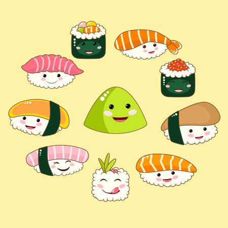 cartoon character asian food. Big sticker set with sushi, roll, shrimp. In trendy groovy hippie retro style. Vector illustration funny sushiのイラスト素材