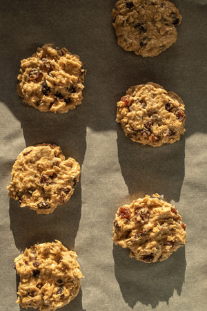 Healthy homemade oatmeal with raisins cookie dough before baking. Ready to Bake