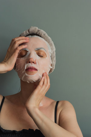 Woman in a fabric mask does skin care. Close-up portrait on a gray background. The beauty industry, self-care.の写真素材