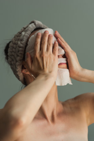 Woman in a fabric mask does skin care. Close-up portrait on a gray background. The beauty industry,...