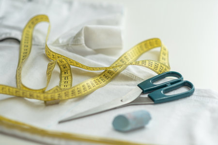 Shortening jeans. White jeans, Measuring tape, scissors on table. Jeans cutting. Making shorts at homeの写真素材