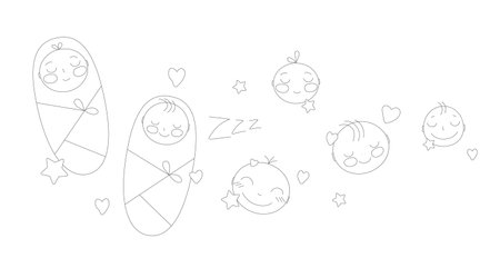 Cute sleeping babies. Faces and swaddled children in stars and hearts. A simple children's vector illustration.のイラスト素材