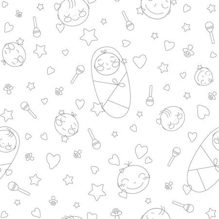 Cute sleeping babies. Faces and swaddled children in stars and hearts. A simple children's vector illustration. seamless patternのイラスト素材