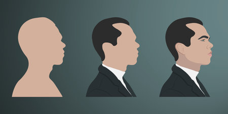 Set of bearded men faces with different haircuts, mustaches, beards in profile. Abstract male portrait, face side view. Head of bearded businessman. Stock vector illustration in flat style.のイラスト素材